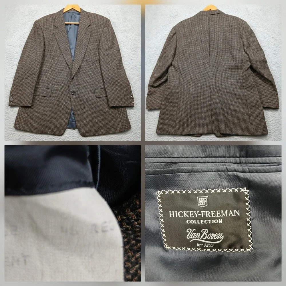 Hickey Freeman Wool Blazer Men's 46R Brown Houndstooth‎ Van Boven Collection